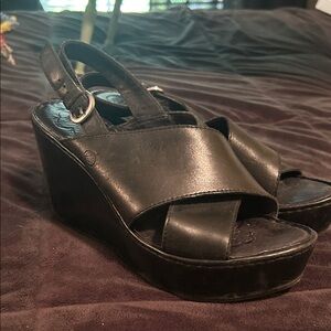 Born Black Leather Wedge Sandals